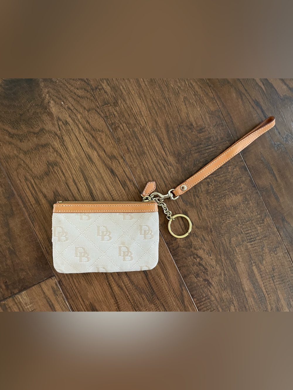 Dooney & Bourke Cream Canvas Wristlet with Tan Leather Trim - Picture 2 of 9
